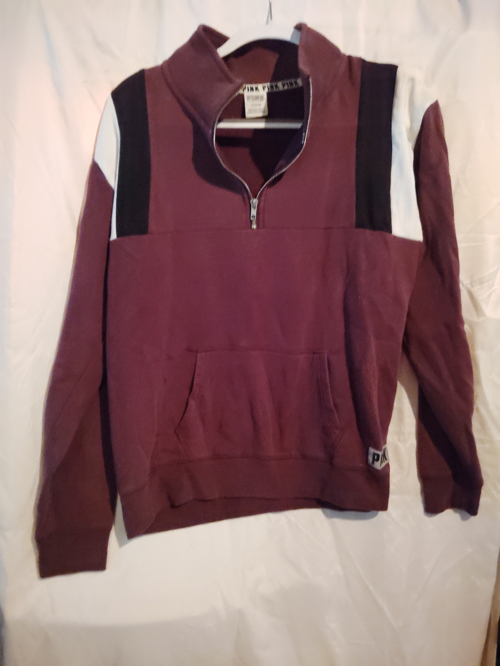 PINK Victoria's Secret Maroon Quarter-Zip Pullover with Black & White Accents